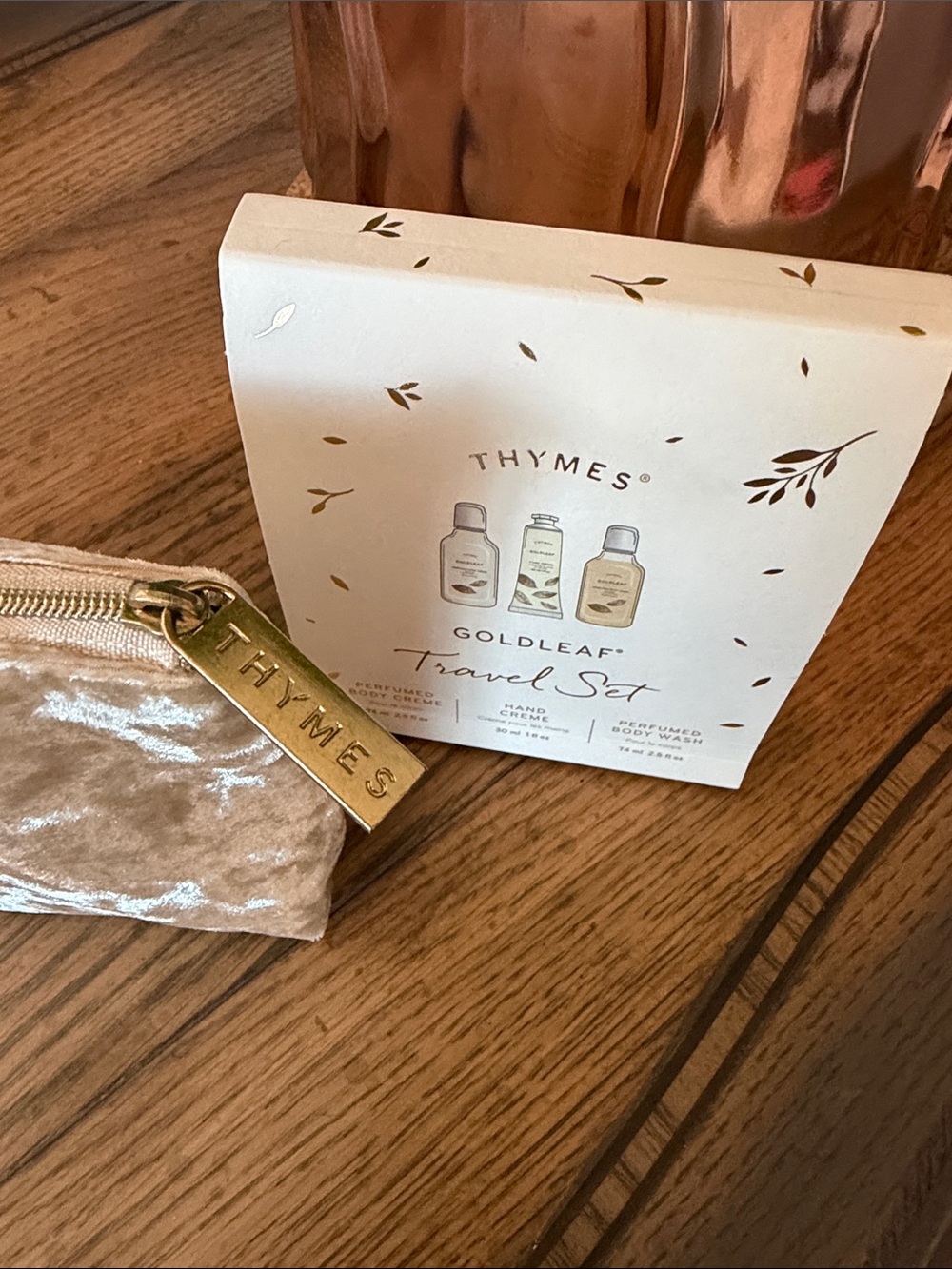 Thymes Gold Leaf Velvet Travel Pouch with Travel Set - Picture 3 of 5